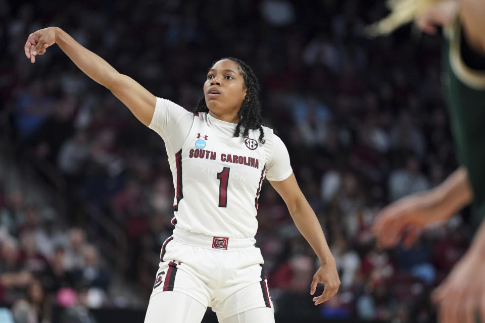 South Carolina guard Zia Cooke follows through on a three-point basket in the first half of a second-round college basketball game against South Florida in the NCAA Tournament, Sunday, March 19, 2023, at Colonial Life Arena in Columbia, S.C. Cooke is among players headed to the draft. Even the handful of players selected in the upcoming WNBA draft will find it difficult to continue their pro careers. (AP Photo/Sean Rayford)