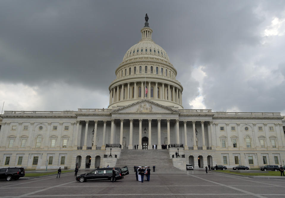 <p>The casket of Sen. John McCain, R-Ariz., is carried up the steps of the U.S. Capitol in Washington D.C. on Friday, Aug. 31, 2018, in Washington, D.C. (Photo: John McDonnell/Pool via Reuters) </p>