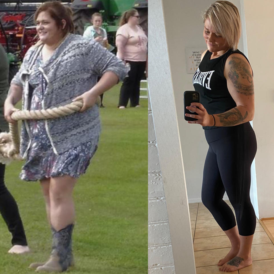 Tamara at her heaviest in a flowing dress (left) and in gym gear after weight loss (right)