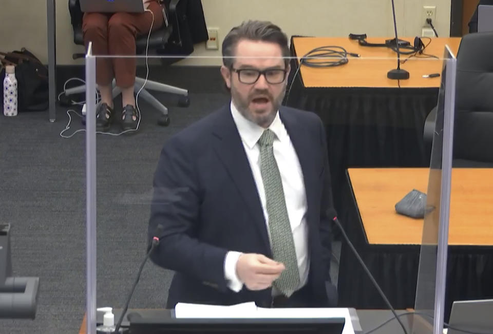 In this image from video, defense attorney Eric Nelson gives closing arguments as Hennepin County Judge Peter Cahill presides Monday, April 19, 2021, in the trial of former Minneapolis police Officer Derek Chauvin at the Hennepin County Courthouse in Minneapolis. Chauvin is charged in the May 25, 2020 death of George Floyd. (Court TV via AP, Pool)