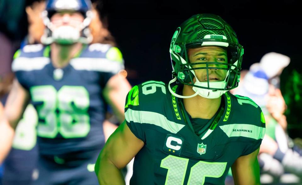 Seattle Seahawks wide receiver Tyler Lockett (16) runs onto the field before the game against the Pittsburgh Steelers at Lumen Field, on Sunday, Dec. 31, 2023, in Seattle, Wash.