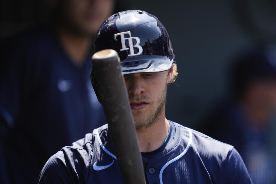 Tampa Bay Rays' Taylor Walls walks through the dugout during the seventh inning of a baseball game against the Los Angeles Dodgers in Los Angeles, Sunday, Aug. 25, 2024. (AP Photo/Ashley Landis)