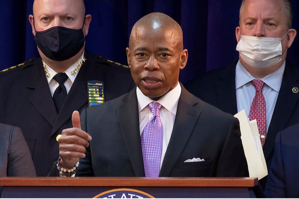 New York City Mayor Eric Adams speaks at a news conference about an NYPD gang bust on Tuesday, January 4, 2022.