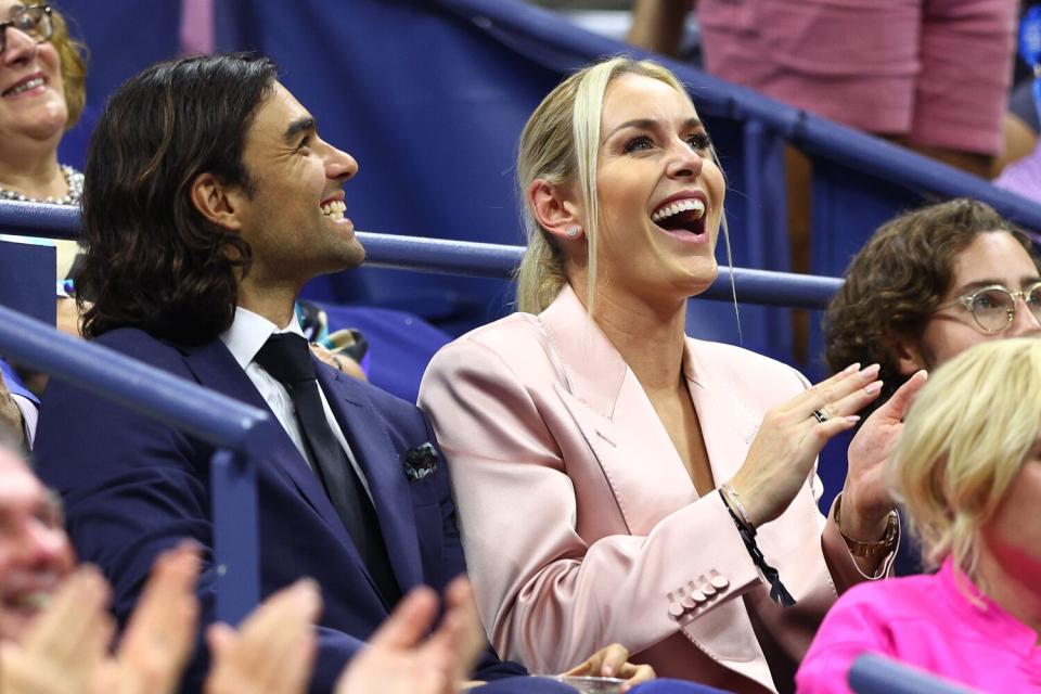 Lindsey Vonn reacts during the first-round match between Serena Williams and Danka Kovinic.