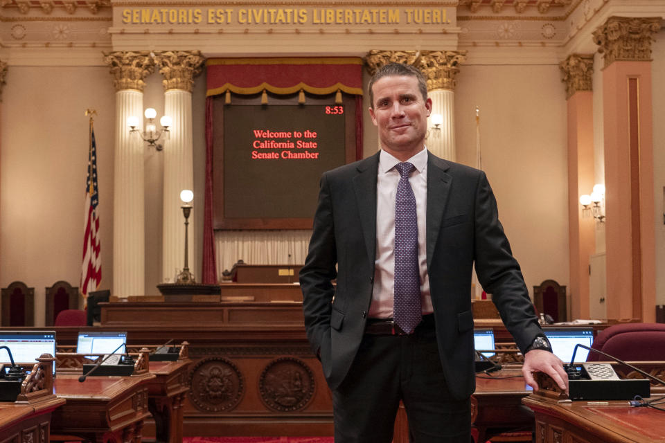 State Senate President Pro Tempore Designate Mike McGuire, of Healdsburg, poses in the state Senate Chambers in Sacramento, Calif., Thursday, Jan. 25, 2024. McGuire will replace current Senate Pro Tempore Toni Atkins when he is sworn-in Monday Feb. 5, 2024. (AP Photo/Rich Pedroncelli)