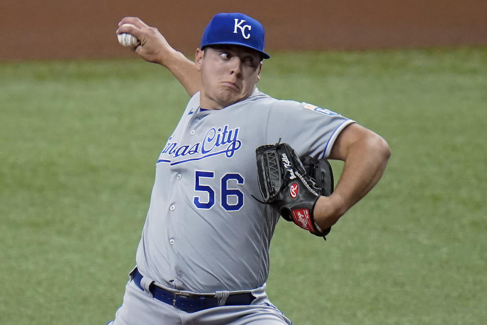 Kansas City Royals starting pitcher Brad Keller delivers to the Tampa Bay Rays during the first inning of a baseball game Tuesday, May 25, 2021, in St. Petersburg, Fla. (AP Photo/Chris O'Meara)