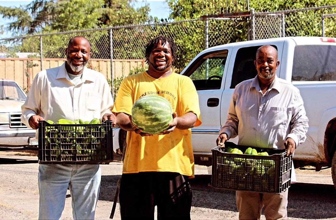 From left to right: farmers Chris Fields, Rev. Floyd Harris, Jr., and Donald Sherman are three of the four farmers participating in the Fresno Farm Box.