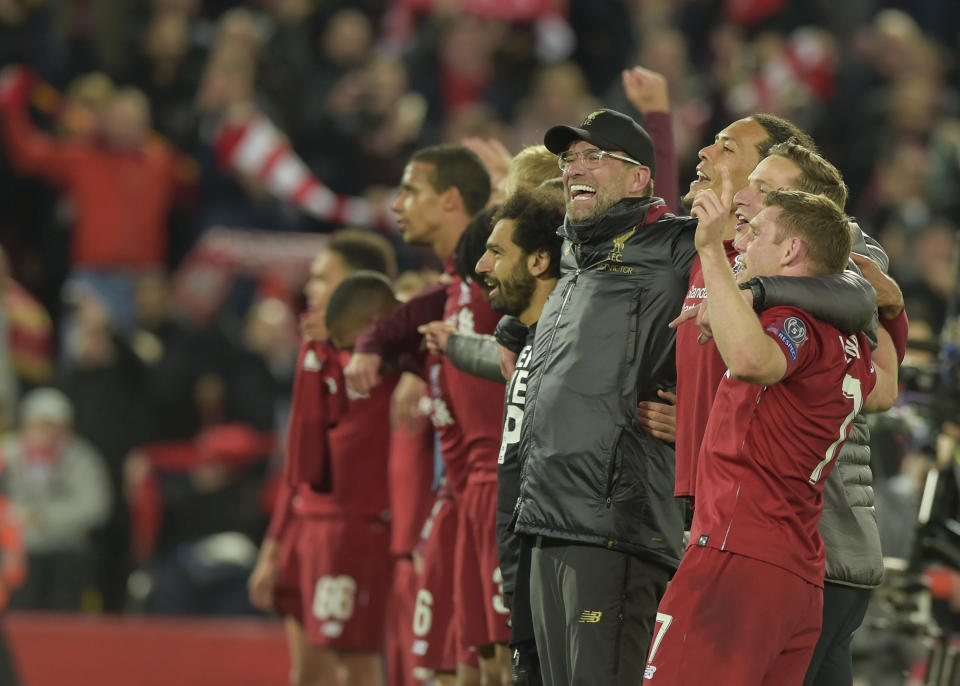 Jurgen Klopp leads Liverpool players in celebrating an unbelievable comeback.