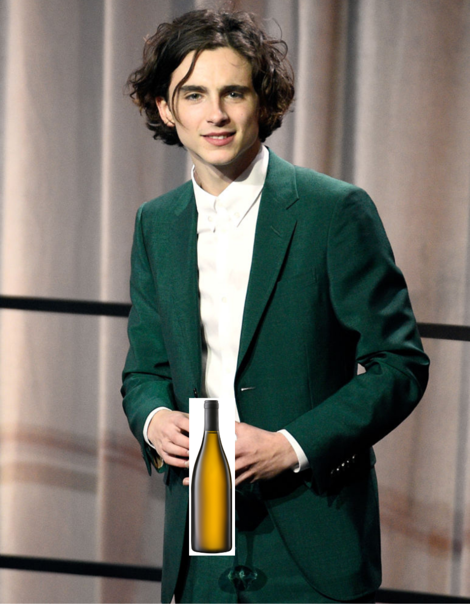 Timmy in a suit with a photo of a bottle of wine added between his hands