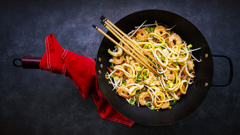 shrimp and squid in wok