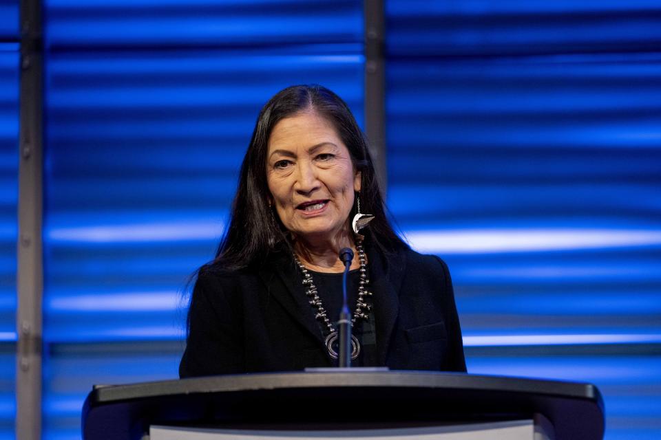 Interior Secretary Deb Haaland speaks during an event to commemorate World Wildlife Day at the National Geographic Society in Washington, Friday, March 3, 2023. Haaland announced during her speech that her agency will work to restore more large bison herds to Native American lands under an order that calls for the government to tap into Indigenous knowledge in its efforts to conserve the burly animals that are an icon of the American West. (AP Photo/Andrew Harnik)