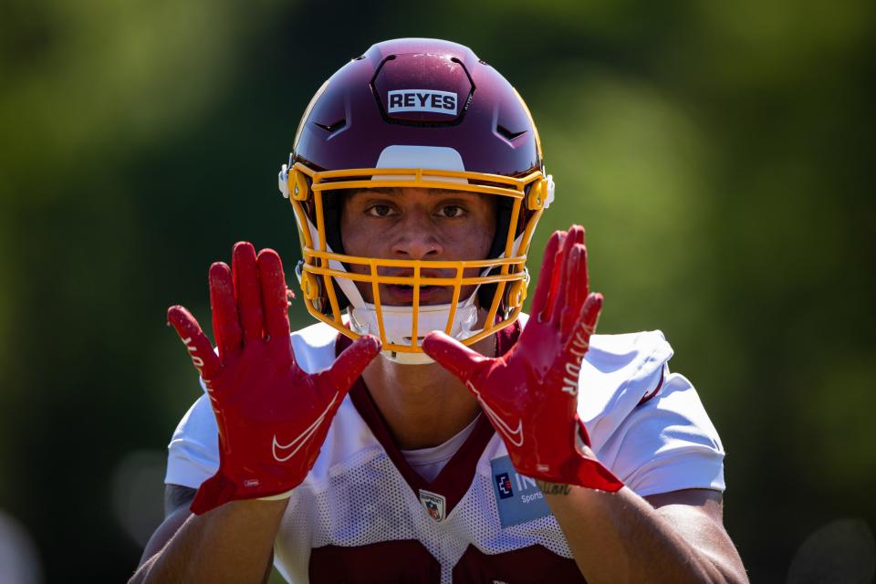 May 15, 2021; Ashburn, Virginia, USA; Washington Football Team tight end Sammis Reyes (80) in action during rookie minicamp at Inova Sports Performance Center. Mandatory Credit: Scott Taetsch-USA TODAY Sports