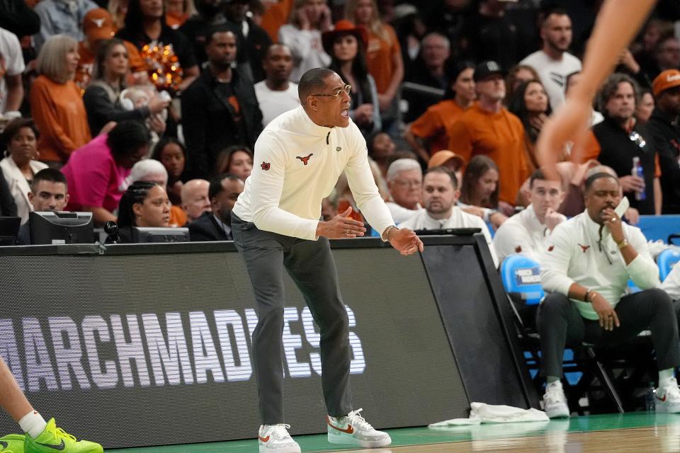 Texas coach Rodney Terry gives instructions to his team during the Longhorns' win over Colorado State on Thursday in the first round of the NCAA Tournament. The victory propelled the Longhorns into a second-round meeting with Tennessee on Saturday.