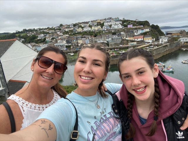 Michelle Exton with her daughters, Sophia, 24, (centre), and Jess, 15 (right) (Family Handout/PA)