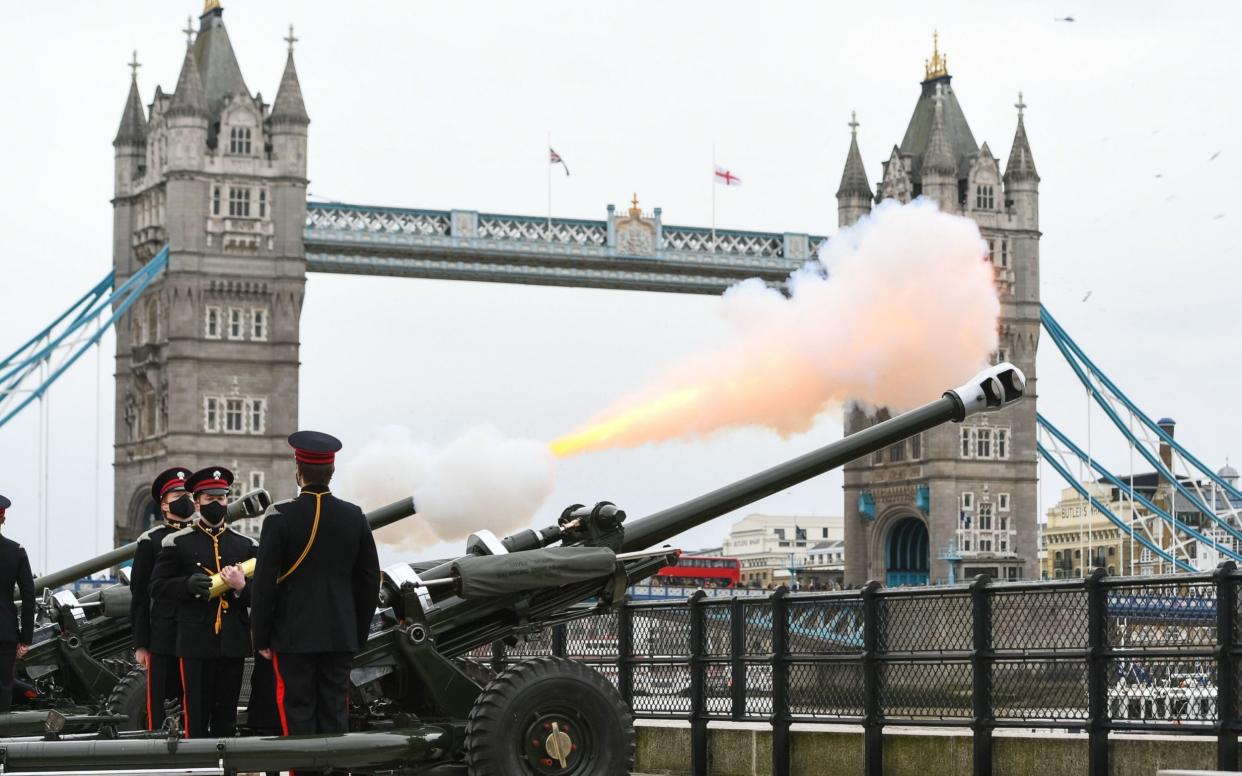 Members of the Honourable Artillery Company fire a 41-round gun salute from the wharf at the Tower of London, to mark the death of the Duke of Edinburgh. -  Dominic Lipinski/PA
