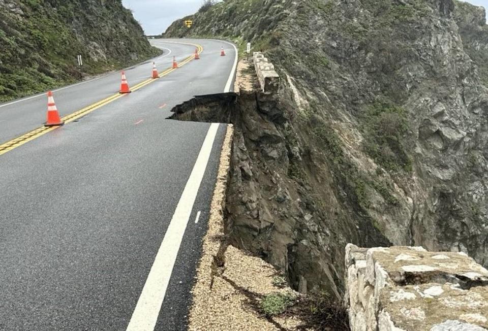 Highway 1 was closed at Palo Colorado due to a slip-out near Rocky Creek on March 30, 2024. Caltrans