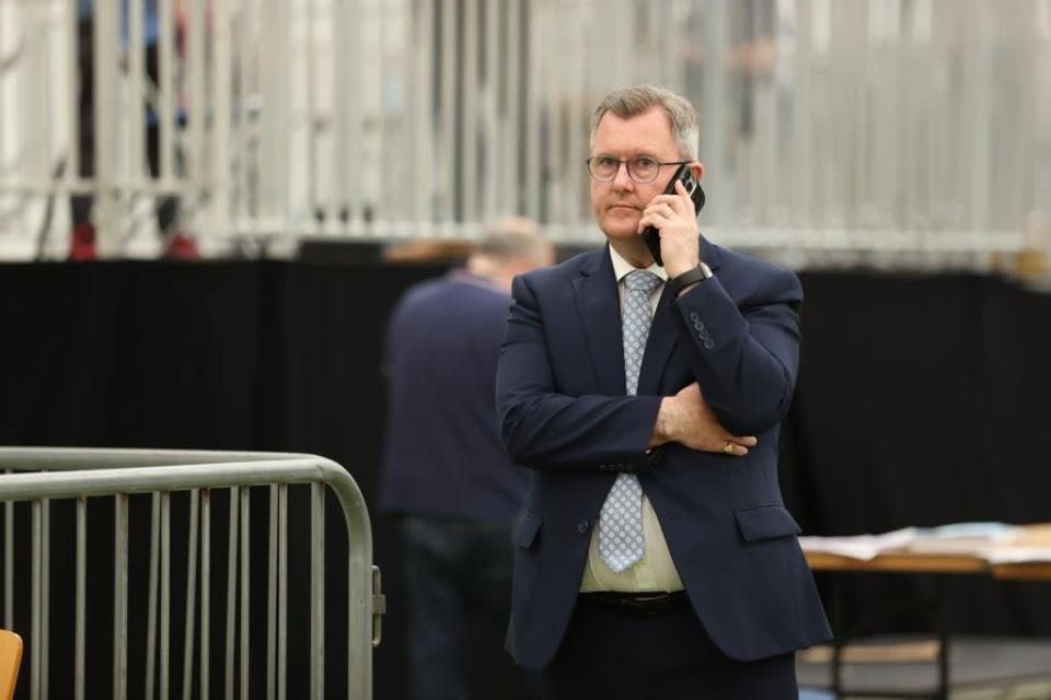 Leader of the DUP Sir Jeffrey Donaldson at the Meadowbank Arena, Magherafelt for the Northern Ireland Assembly Election count (Liam McBurney/PA) (PA Wire)