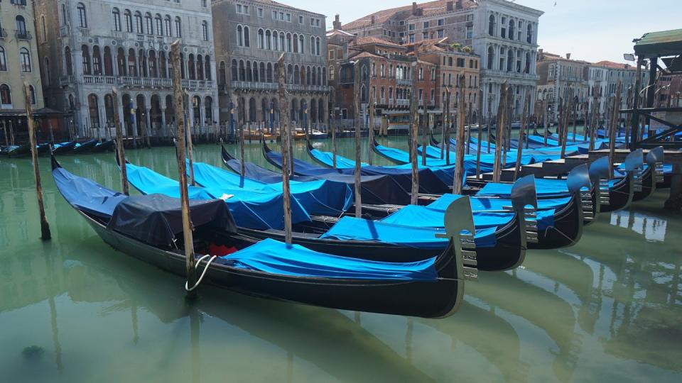 Gondeln sind auf dem Canal Grande an Holzpfählen festgemacht.