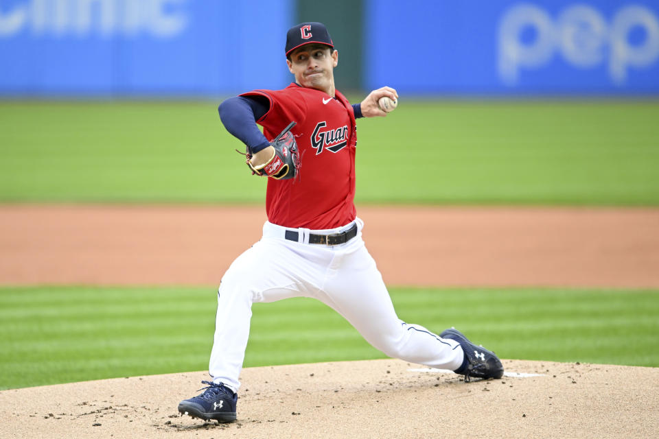 Cleveland Guardians starting pitcher Logan Allen, in his major league debut, delivers during the first inning of a baseball game against the Miami Marlins, Sunday, April 23, 2023, in Cleveland. (AP Photo/Nick Cammett)