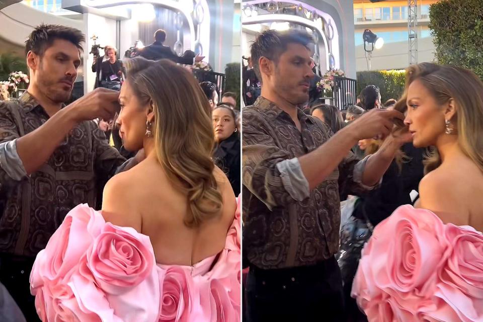 <p>Kirbie Johnson/Instagram</p> Hairstylist Chris Appleton and Jennifer Lopez at the 2024 Golden Globes.