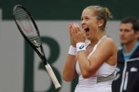 <p>Irina-Camelia Begu of Romania v. Shelby Rogers of the U.S. at the French Open in Paris. Shelby Rogers celebrates. <em>(Reuters/Pascal Rossignol)</em> </p>