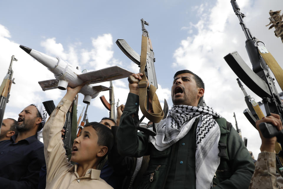 Houthi supporters attend anti-Israel and anti-U.S. protests in Sanaa, Yemen, Friday, June 14, 2024. (AP Photo/Osamah Abdulrahman)