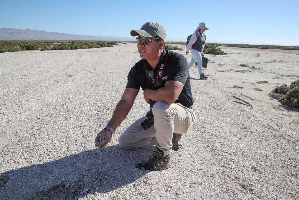 Frank Ruiz with Audubon California explains the makeup of the former shoreline of the Salton Sea near Bombay Beach, Calif., Nov. 6, 2023.