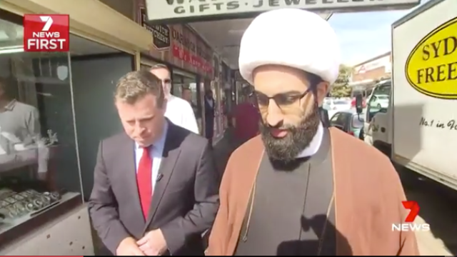 Sheikh Tawhidi took 7 News reporter Bryan Seymour with him on a visit to Lakemba in Sydney. Photo: 7 News.