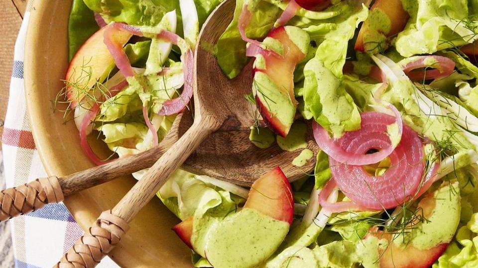 bibb salad with pickled onion, fennel, and plums