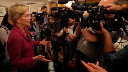 Democratic 2020 U.S. presidential candidate Warren answers questions from reporters in Manchester