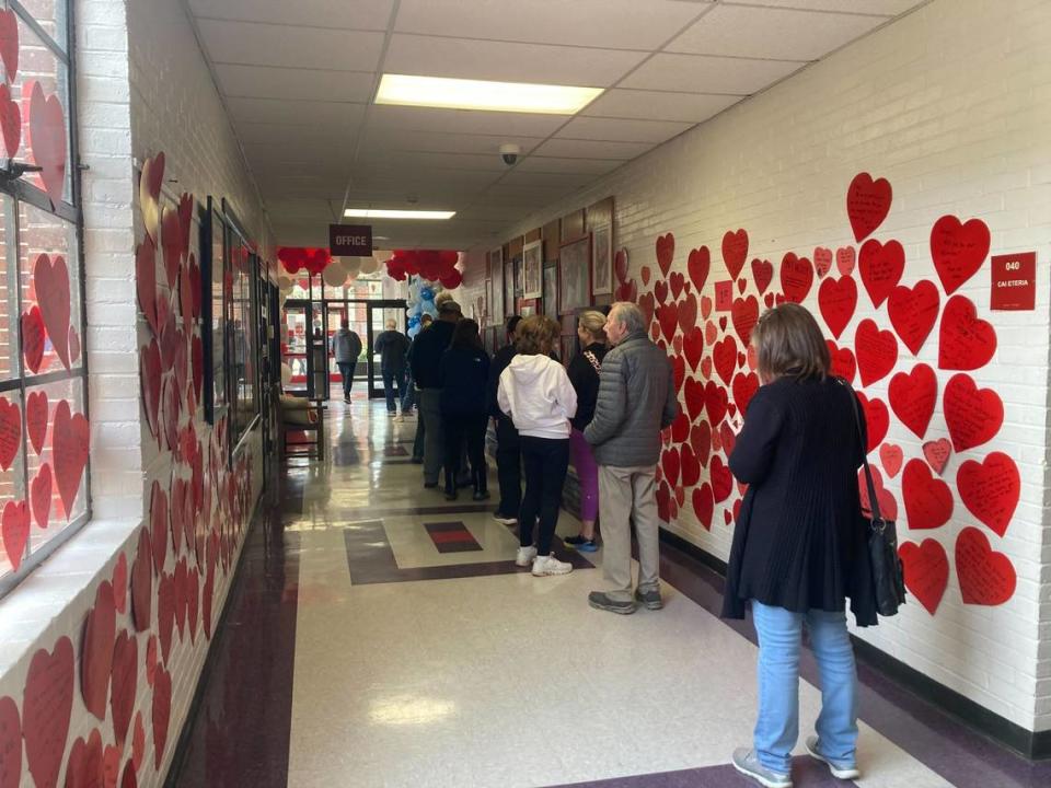 Voters line the hallway at Satcher Ford Elementary School in Columbia on Feb. 24, 2024, to cast their ballots in the S.C. Republican primary.