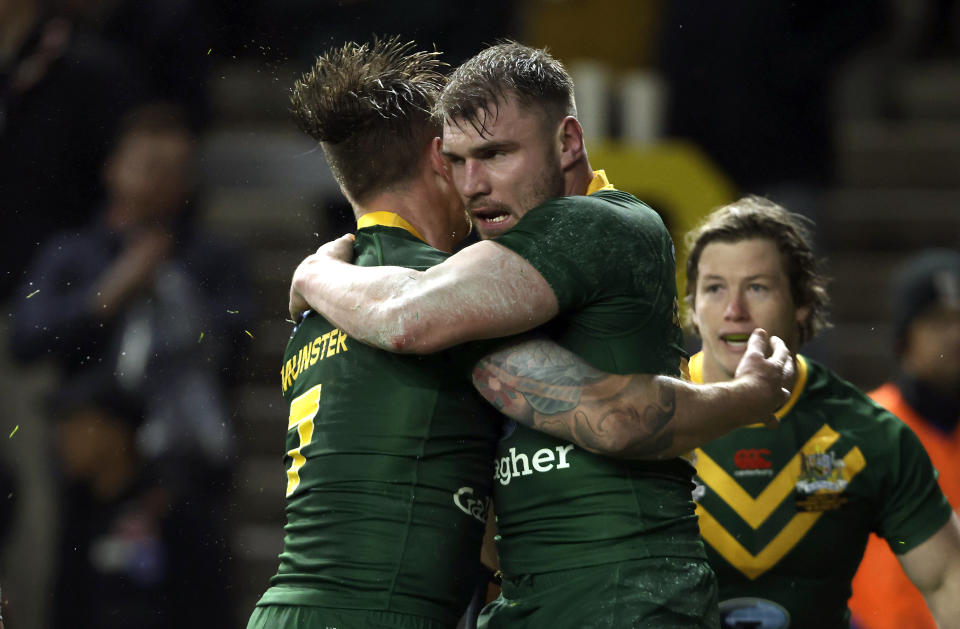 Australia's Angus Crichton (centre) celebrates scoring his side's third try of the game with team-mates during the Rugby League World Cup group B match at Headingley Stadium, Leeds. Picture date: Saturday October 15, 2022. (Photo by Richard Sellers/PA Images via Getty Images)