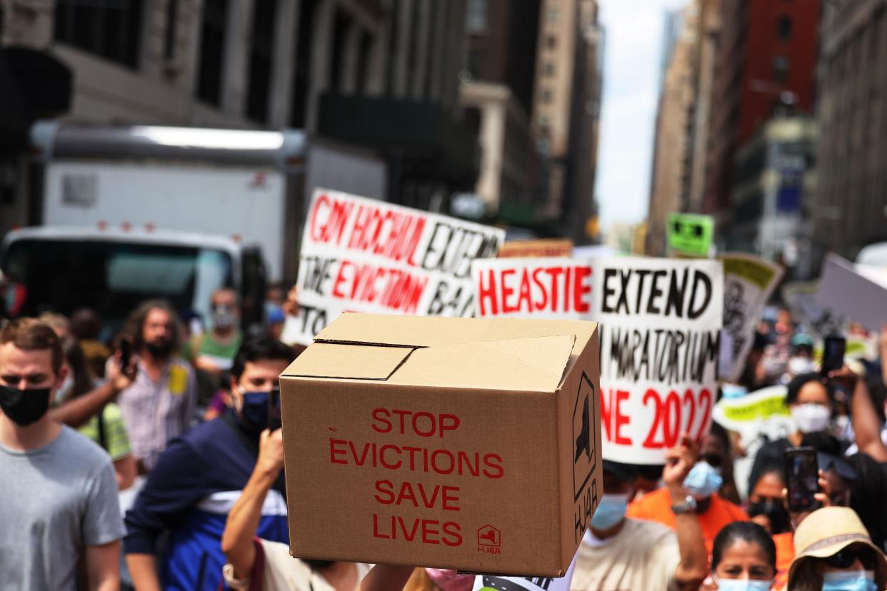 People march towards the New York City office of Gov. Kathy Hochul calling for a stop to evictions on August 31, 2021 in New York City.