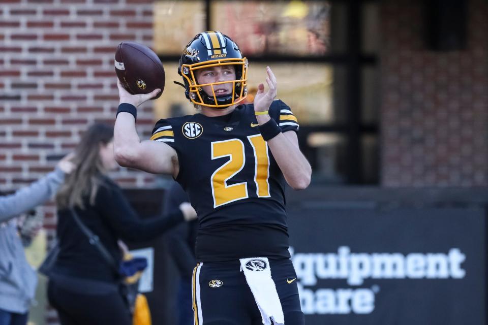 Missouri Tigers quarterback Sam Horn (21) during pregame warmups of the Tigers game against the Arkansas Razorbacks Saturday on Nov. 25, 2022, in Columbia, Mo.