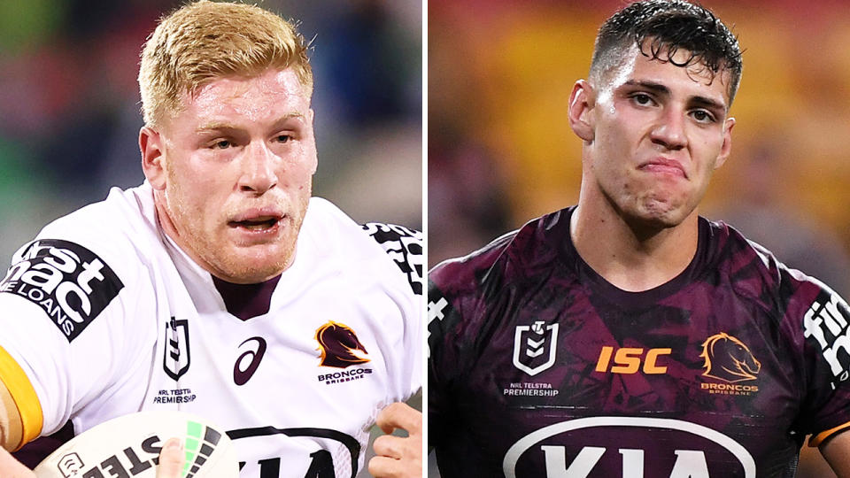 Brisbane Broncos players Thomas Flegler and Jordan Riki have apologised to one another after a Mad Monday joke gone wrong led to the latter needing stitches. Pictures: Getty Images