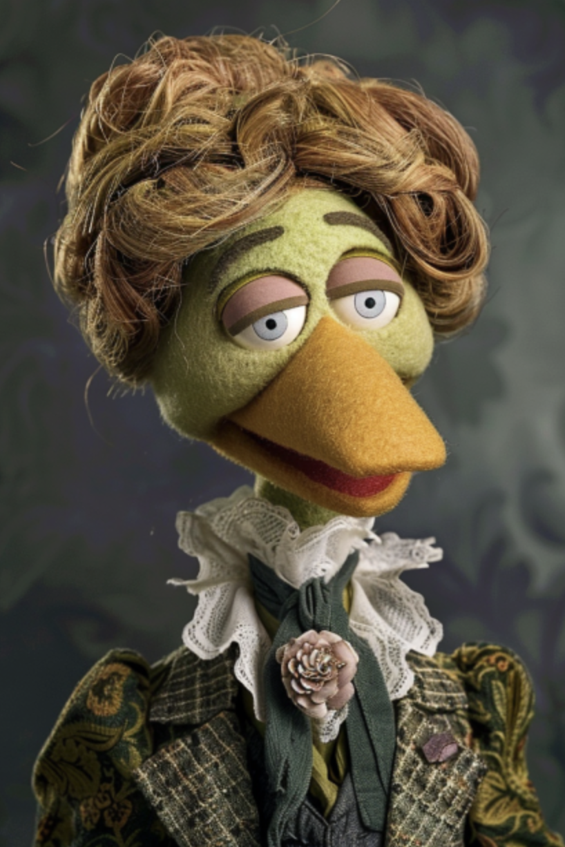 Muppet resembling a historical figure in ornate attire with ruffled collar and cuffs