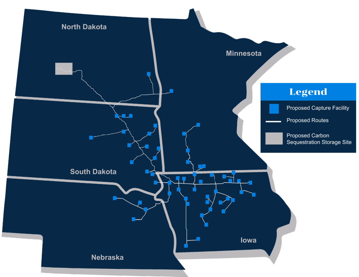 Summit Carbon Solutions wants to build a carbon capture pipeline. This map shows the routes it would take through Iowa and the Midwest.