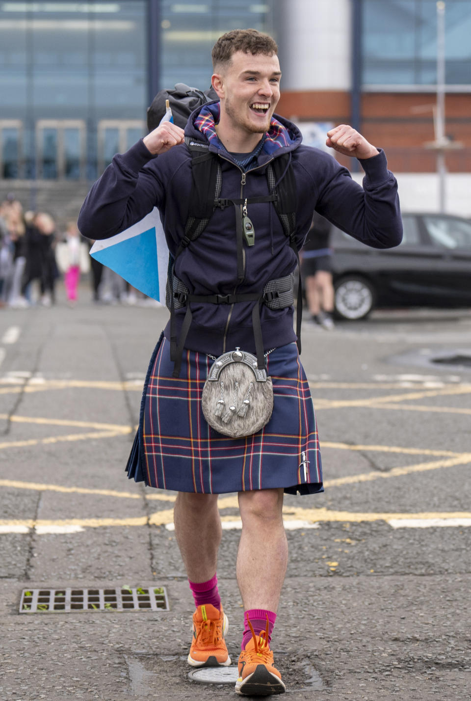 Craig Ferguson, 20, begins his 1,000 mile walk from Scotland's national football stadium Hampden Park, in Glasgow, to Munich to raise money towards Brothers in Arms, a Scottish men's mental health charity. He hopes to hit a target of £50,000 to raise money and awareness for men's mental health. Picture date: Saturday May 4, 2024. (Photo by Jane Barlow/PA Images via Getty Images)