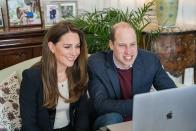 <p>Kate paired a blazer with a cream top and subtle jewelry for a video call with Ulster University nursing students.</p>