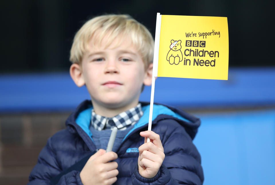 A fan show support for 'Children in Need' before the Premier League match between Everton FC and West Ham United at Goodison Park on October 19, 2019 in Liverpool, United Kingdom. (Photo by Ian MacNicol/Getty Images)