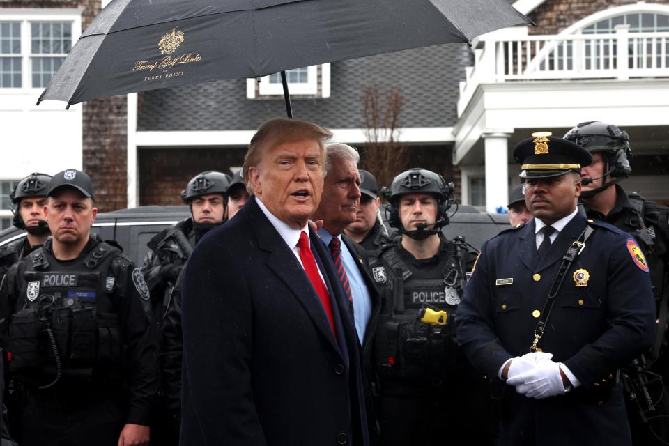 President Donald Trump speaks to the media after attending the wake of slain NYPD Officer Jonathan Diller at the Massapequa Funeral Home on March 28, 2024 in Massapequa, New York.