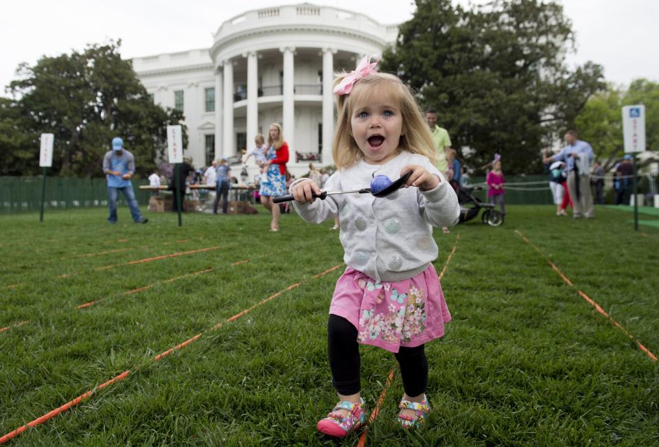 Daphne Rank, from Dillsburg, Pennsylvania, participates in an Easter egg roll race.&nbsp;