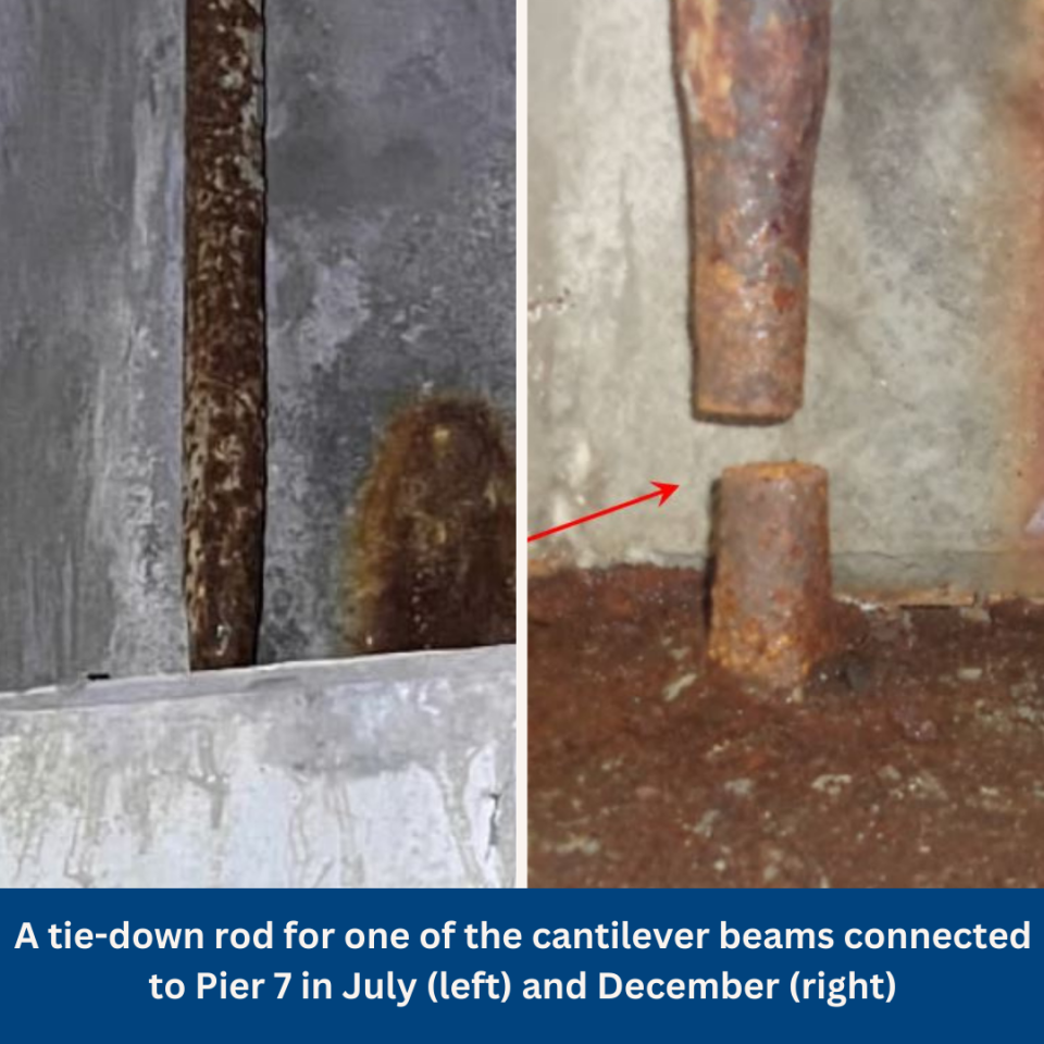 A tie-down rod for one of the cantilever beams connected to Pier 7 as photographed in July and December, 2023