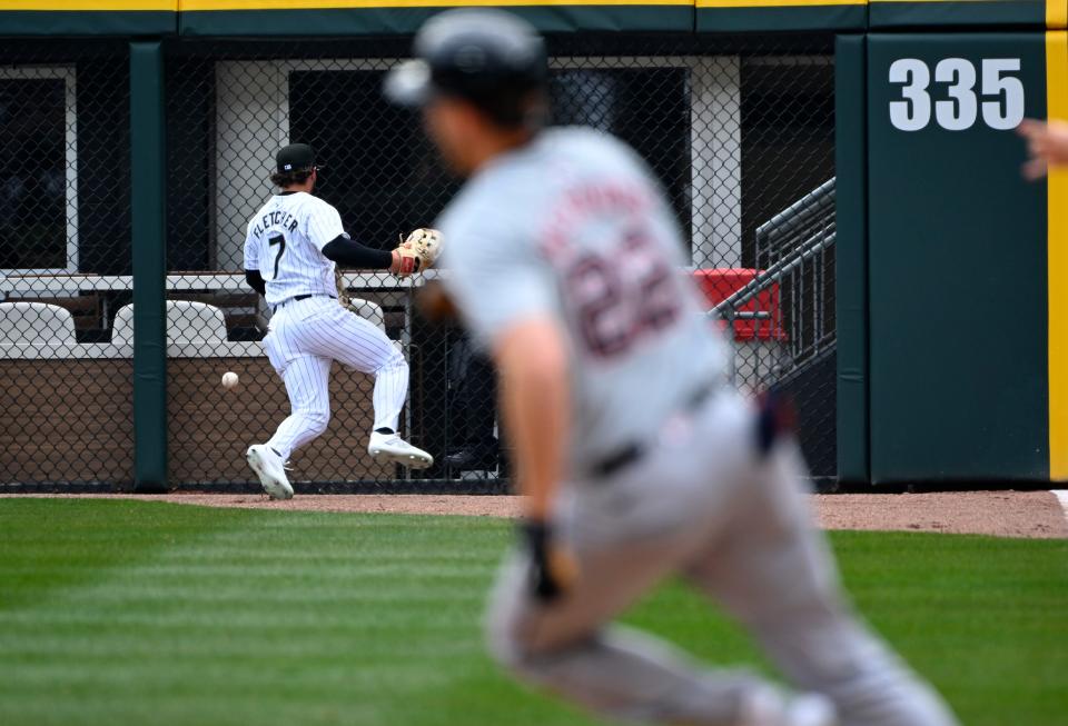 Dominic Fletcher of the Chicago White Sox is unable to catch the triple by Parker Meadows of the Detroit Tigers during the first inning at Guaranteed Rate Field on March 30, 2024 in Chicago.