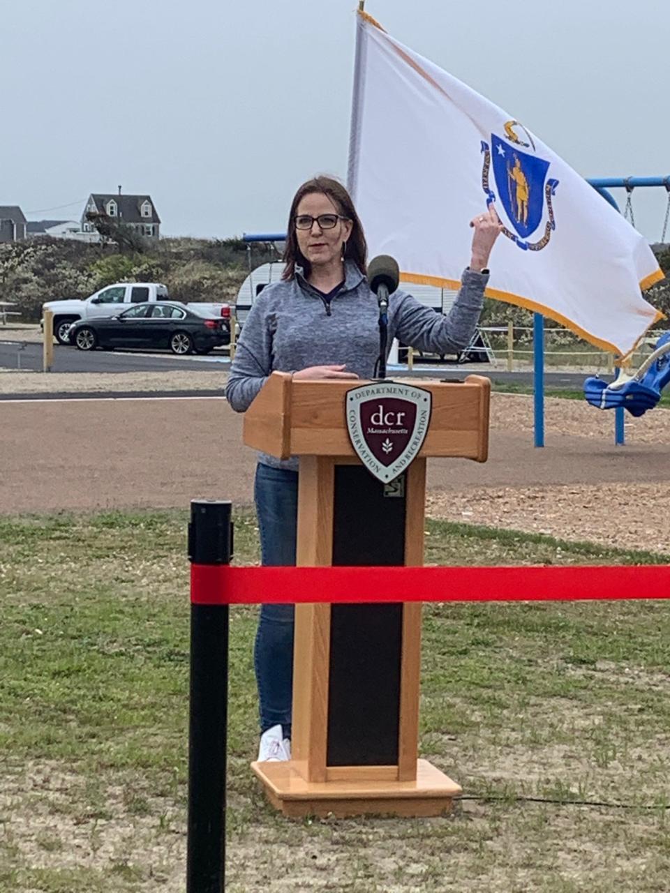 Westport Board of Selectmen Chairman Shana Shufelt speaks to the Horseneck Beach Reservation improvements during a recent ribbon-cutting and tour.