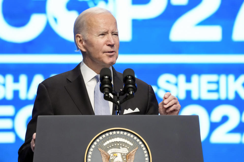 President Joe Biden speaks at the COP27 U.N. Climate Summit, Friday, Nov. 11, 2022, at Sharm el-Sheikh, Egypt. (AP Photo/Alex Brandon)