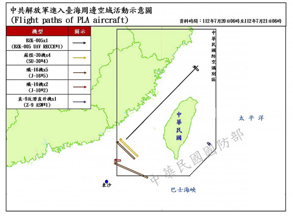 不包括上午越界的共機，單單從21日清晨6點往前推算24小時內，就有26架次共機侵入我ADIZ。（圖：國防部提供）
