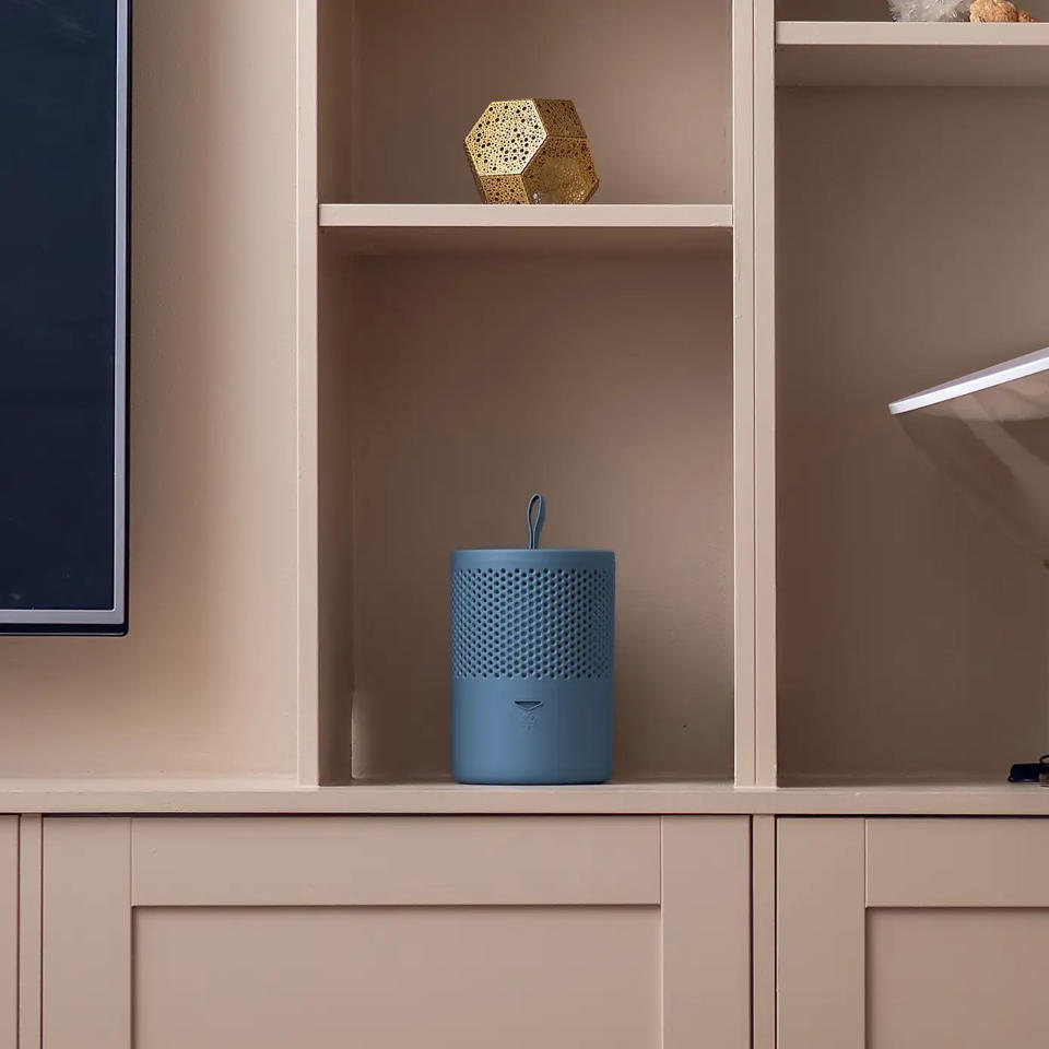 Blue Absodry dehumidifier on pink bookshelves