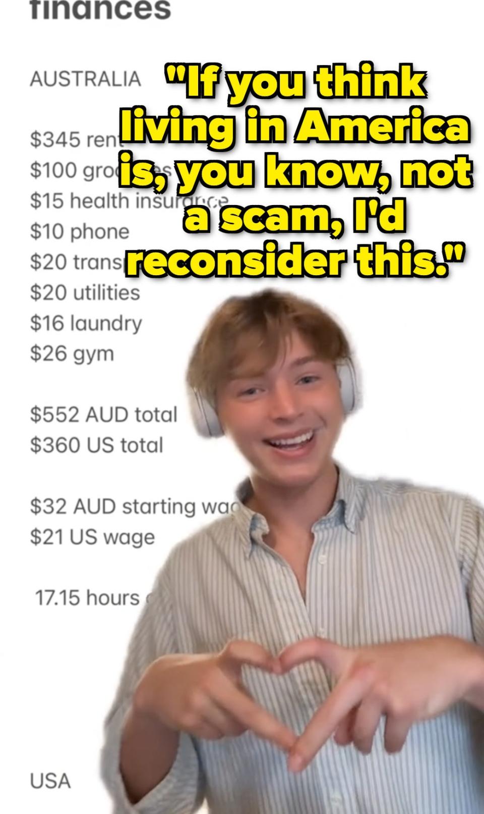 Person in striped shirt making a heart shape with hands, with a list of living expenses for Australia and USA in the background