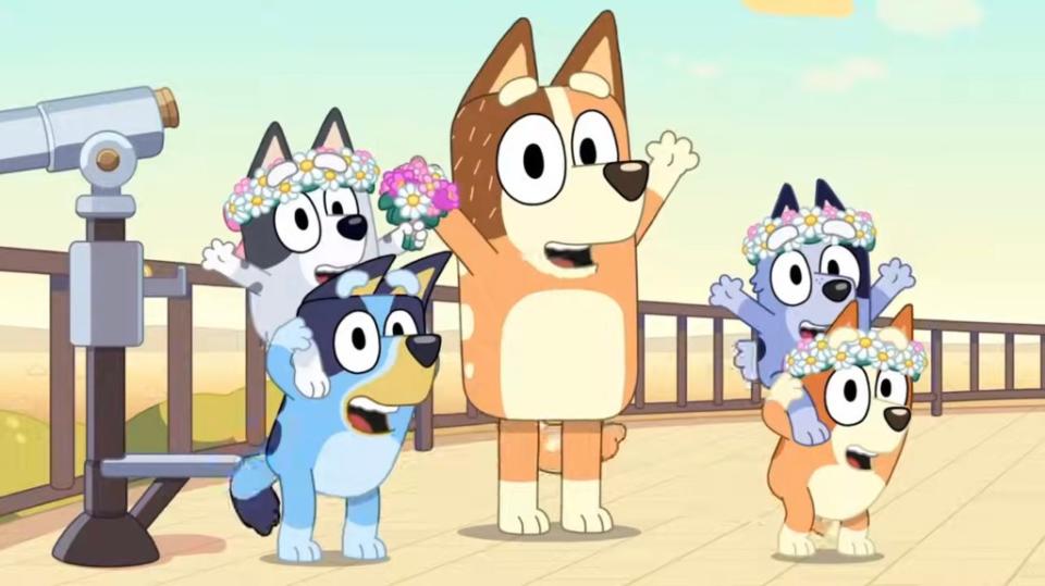 Bluey (left) and friends in the Season 3 finale, a 28-minute episode called “The Sign.” YouTube/Disney Junior